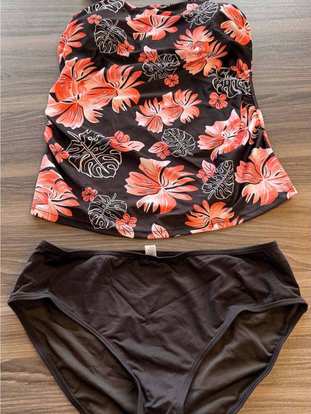 size L -  NWOT Black Tankini with Coral Floral Print